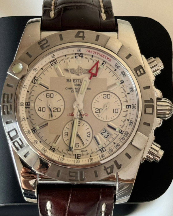 2018 Breitling Chronomat GMT 44MM Silver Dial Leather Strap (AB042011/G745)