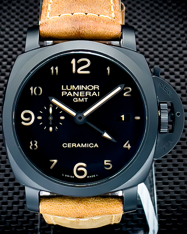 2014 (Q Serial) Panerai Luminor 1950 3 Days GMT 44MM Black Dial Leather Strap (PAM00441)