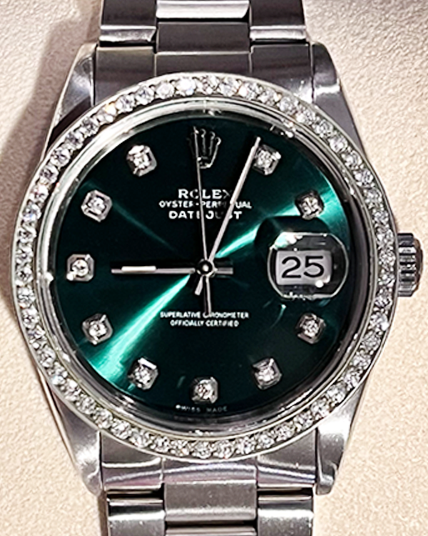 Rolex Datejust 36MM Steel Factory Diamonds Green Dial (16220)