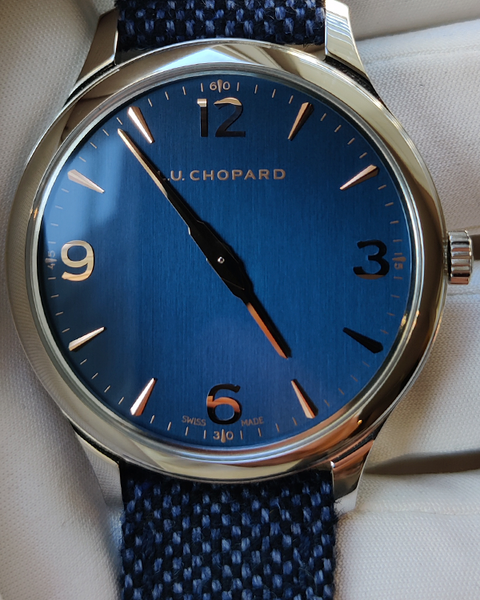 『14kgf』ロンドンブルー＆オパール No.168 2021 Chopard L.U.C XP 40MM Blue Dial Textile Strap (168592-3002