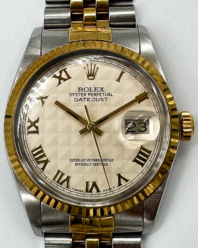 1987 (9.8 Mill Serial) Rolex Datejust 36MM White "Pyramid Motif" Dial Two-Tone Jubilee Bracelet (16013)