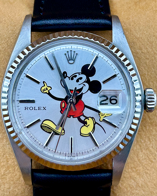 Rolex Datejust Vintage 36MM Aftermarket Silver Mickey Mouse Dial Leather Strap (1603)