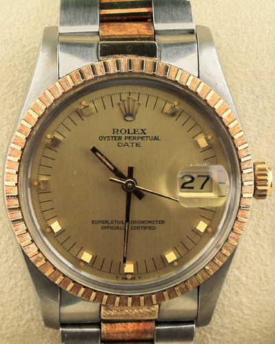 1981 (6.7 Mill Serial) Rolex Oyster Perpetual Date 34MM Champagne Dial Aftermarket Two-Tone Oyster Bracelet (15053)