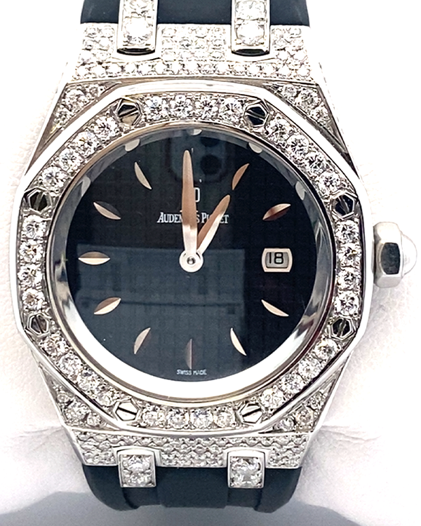 Audemars Piguet Royal Oak Lady 33MM Quartz Black Dial Rubber Strap Aftermarket Diamonds (67601ST.ZZ.D002CR.01)