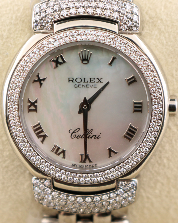 2001 (K Serial) Rolex Cellini Cellissima 26MM Quartz White Mother of Pearl Dial "Beads of Rice" White Gold Bracelet (6673)