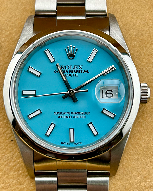 Rolex Oyster Perpetual Date 34MM Aftermarket Tiffany Blue Dial Oyster Bracelet (15200)