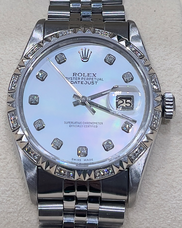 Rolex Datejust 36MM White Rolesor Factory Mother of Pearl Diamonds Dial with Aftermarket Pyramid Bezel (16014)