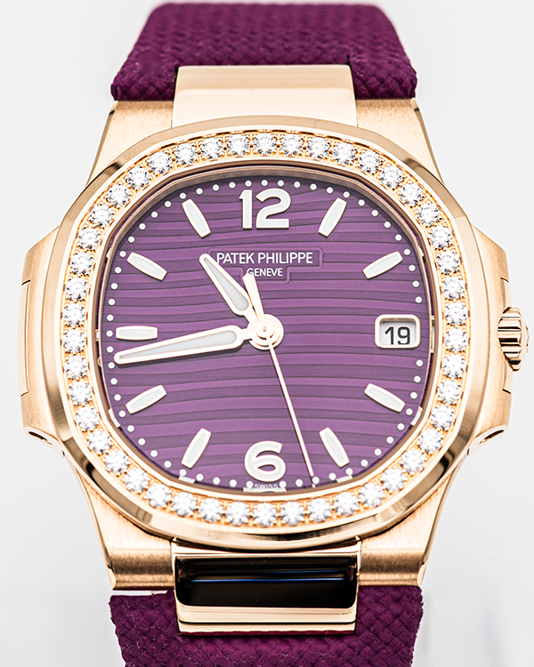 2023 Patek Philippe Nautilus 32MM Quartz Rose Gold Purple Dial Textile Strap (7010R-013)