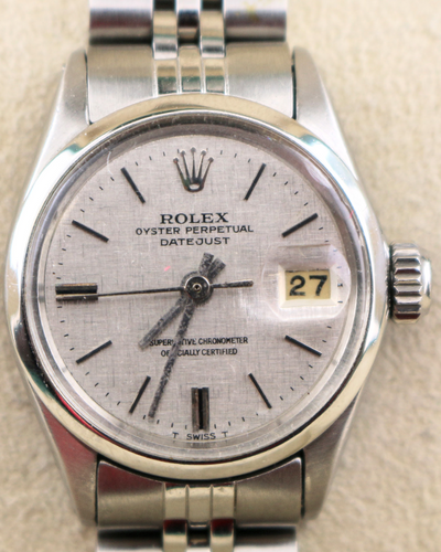 1956 (213k Serial) Rolex Oyster Perpetual Lady Date Vintage 26MM Linen Dial Steel Jubilee Bracelet (6516)