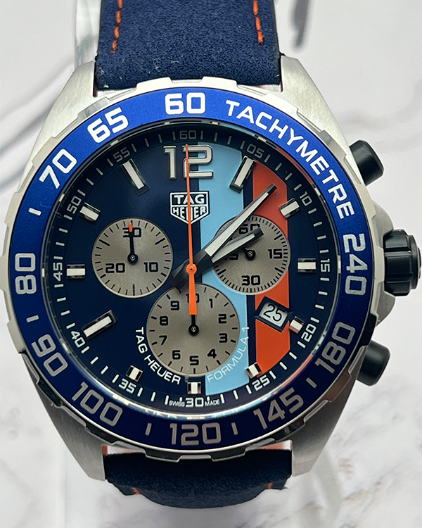 2022 TAG Heuer Formula 1 Gulf Edition 43MM Quartz Blue Dial Leather Strap (CAZ101N.FC8243)