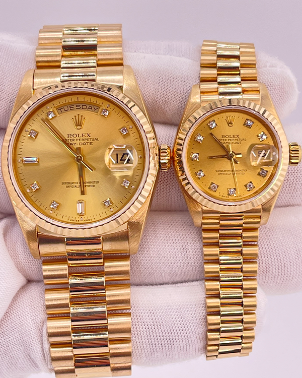 Rolex Day-Date 36mm (18238) & Lady-Datejust 26mm (69178) Champagne Dial Yellow Gold President Bracelet