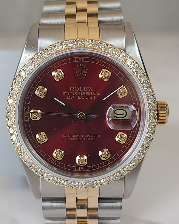 Rolex Datejust 36 Vintage Two-Tone Factory Diamond Red Dial (16013)