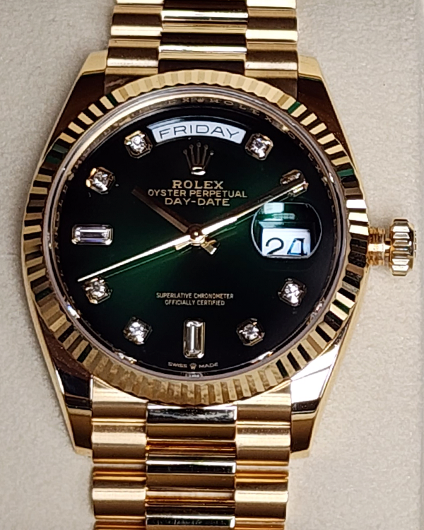 2023 Rolex Day-Date 36MM Green Ombré Dial Yellow Gold President Bracelet (128238)