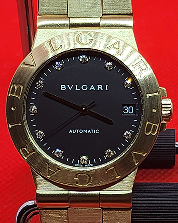 Bvlgari Diagono 35MM Yellow Gold Factory Diamonds Black Dial Bracelet (LCV35G)