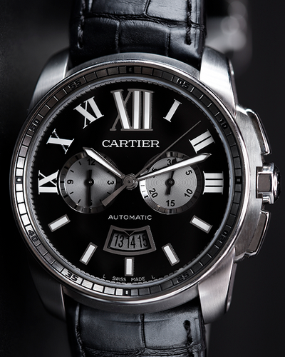 Cartier Calibre de Cartier Chronograph 42MM Black Dial Leather Strap (W7100060)