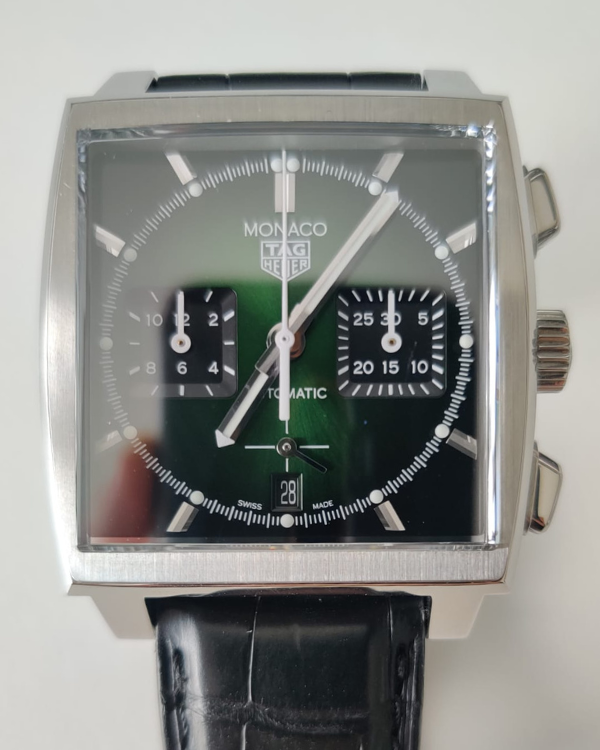 2021 TAG Heuer Monaco 39MM Green Dial Leather Strap (CBL2116.FC6497)