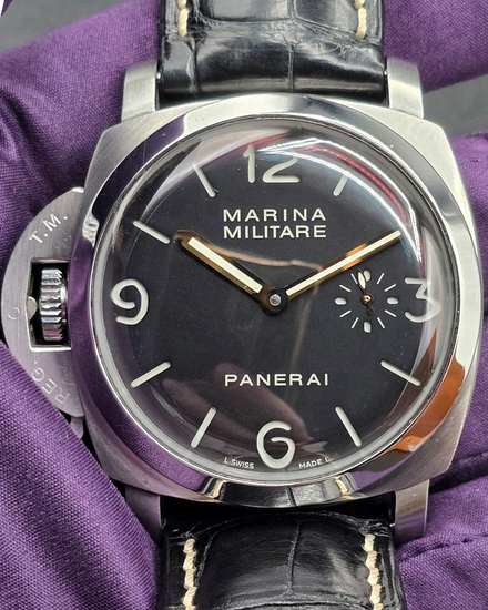 Panerai Luminor 1950 Marina Militare "Left-Handed" 47MM Black "Sandwich" Dial Leather Strap (PAM00217)