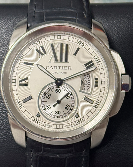 2012 Cartier Calibre de Cartier 42MM Silver Dial Leather Strap (W7100037)