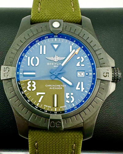 No Reserve - 2023 Breitling Avenger GMT "Night Mission" L.E. 45MM Green Dial Leather-Textile Strap (V323952A1L1X2)