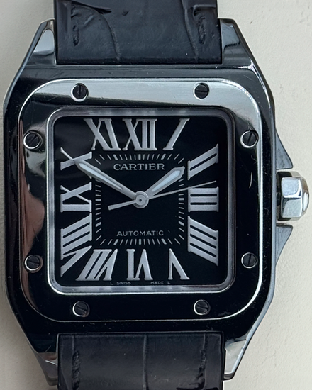 Cartier Santos 100 De Cartier 33MM Black Dial Leather Strap (2878)