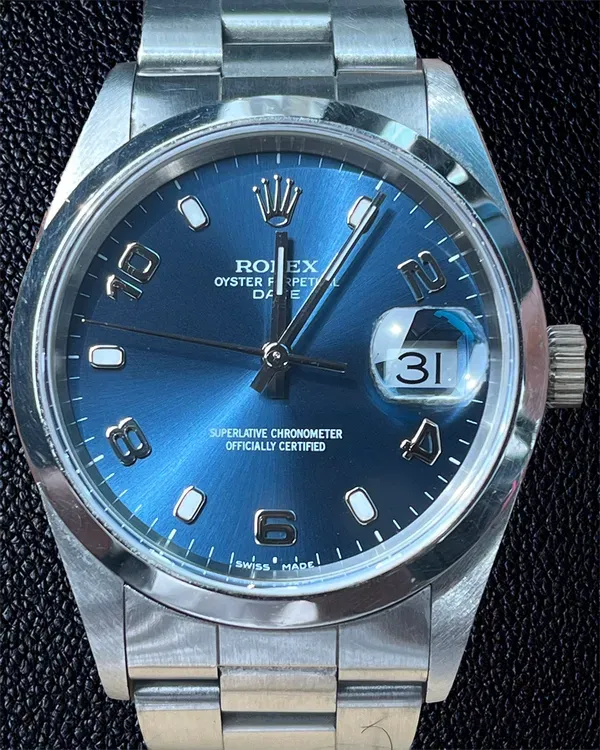 2002 Rolex Oyster Perpetual Date 34MM Blue Dial Oyster Bracelet (15200)