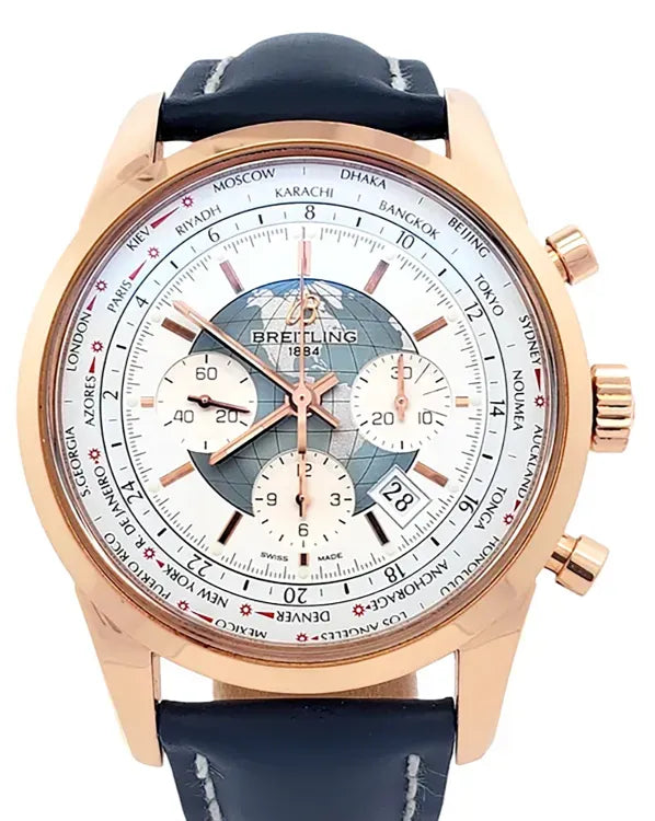 Breitling Transocean Chronograph Unitime 46MM White Dial Leather Strap (RB0510)