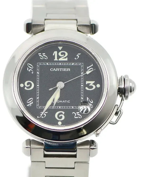 Cartier Pasha De Cartier C 35MM Black Dial Steel Bracelet (W31043M7)