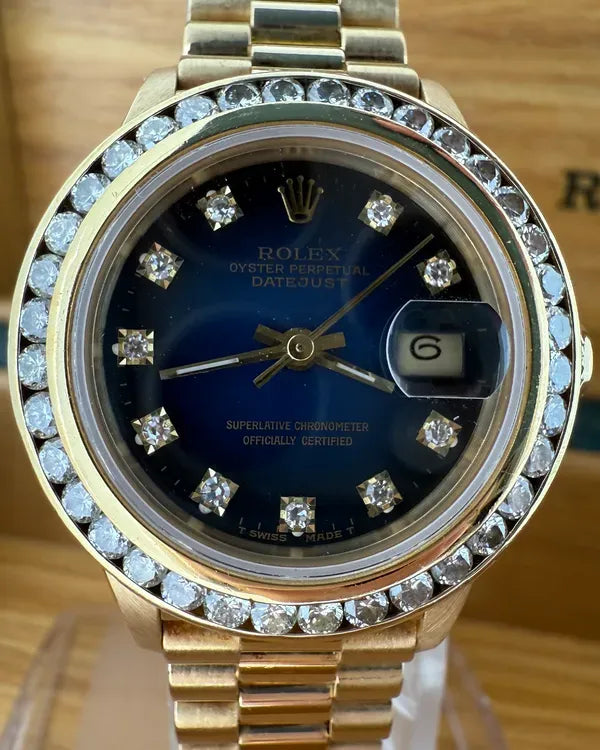 Rolex Lady-Datejust 26MM Blue "Vignette" Dial Yellow Gold President Bracelet (69138)