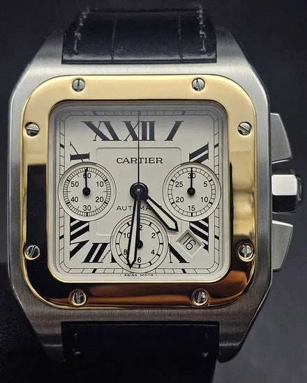 Cartier Santos 100 Chronograph 42MM White Dial Leather Strap (W20091X7)