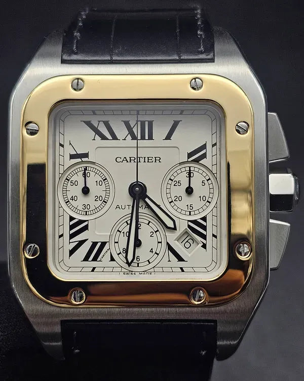 Cartier Santos 100 Chronograph 42MM White Dial Leather Strap (W20091X7)
