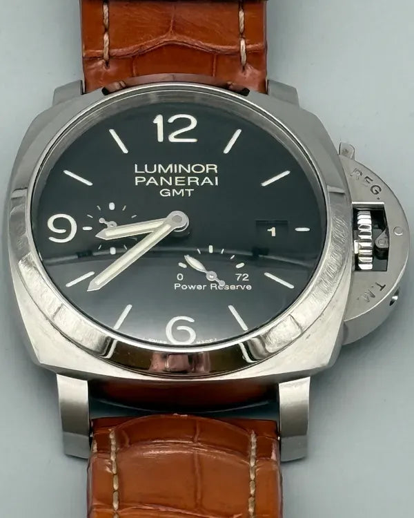 2014 Panerai Luminor 1950 3 Days GMT 44MM Black Dial Leather Strap (PAM00321)