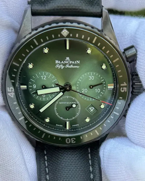 2023 Blancpain Fifty Fathoms Bathyscaphe Chronographe Flyback 43.6MM Green Dial Textile Strap (5200-0153-B52A)