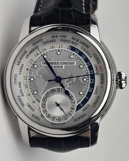 Frederique Constant Worldtimer 42MM Silver Dial Leather Strap (FC-718KW4H6)