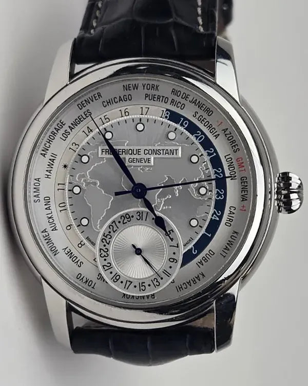 Frederique Constant Worldtimer 42MM Silver Dial Leather Strap (FC-718KW4H6)