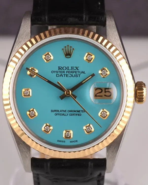 Rolex Datejust 36MM Aftermarket Turquoise Dial Aftermarket Leather Strap (16013)