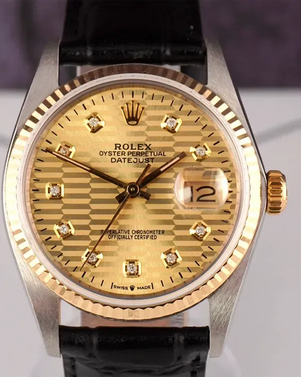 Rolex Datejust 36MM Aftermarket Champagne "Fluted" Dial Aftermarket Leather Strap (16013)
