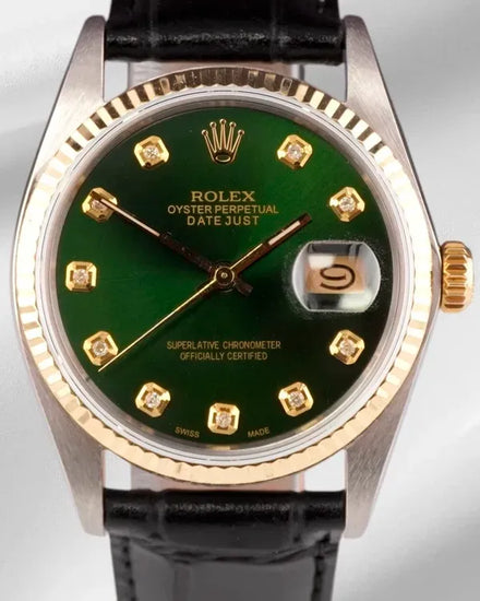 Rolex Datejust 36MM Aftermarket Green Dial Aftermarket Leather Strap (16013)