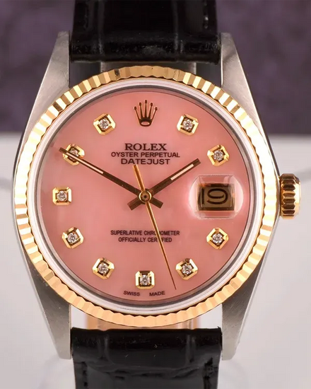 Rolex Datejust 36MM Aftermarket Pink Mother of Pearl Dial Aftermarket Leather Strap (16013)