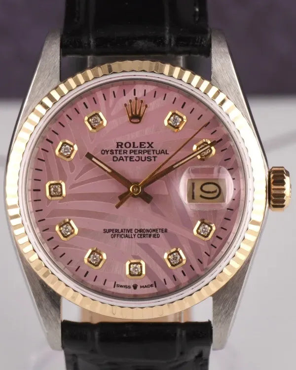 Rolex Datejust 36MM Aftermarket Pink "Palm Motif" Dial Aftermarket Leather Strap (16013)