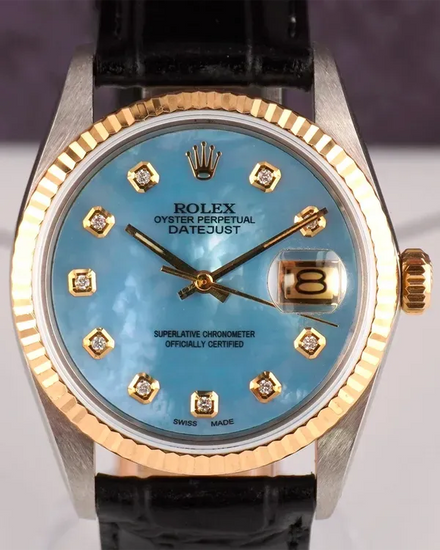 Rolex Datejust 36MM Aftermarket Blue Mother of Pearl Dial Aftermarket Leather Strap (16013)