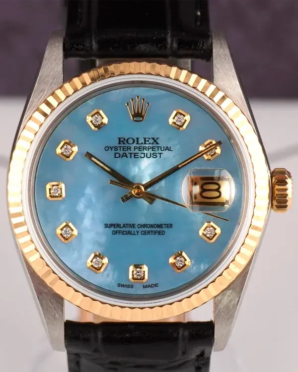 Rolex Datejust 36MM Aftermarket Blue Mother of Pearl Dial Aftermarket Leather Strap (16013)
