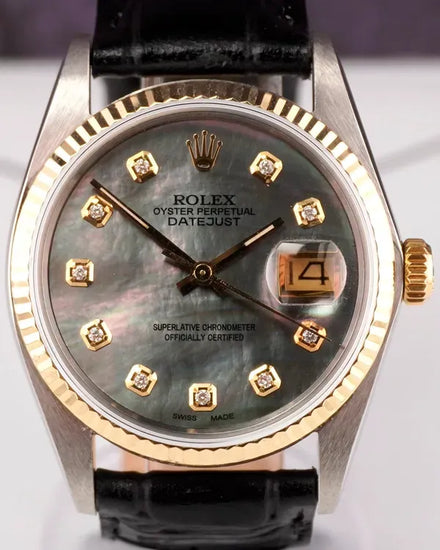 Rolex Datejust 36MM Aftermarket Black Mother of Pearl Dial Aftermarket Leather Strap (16013)