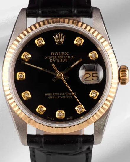 Rolex Datejust 36MM Aftermarket Black Dial Aftermarket Leather Strap (16013)