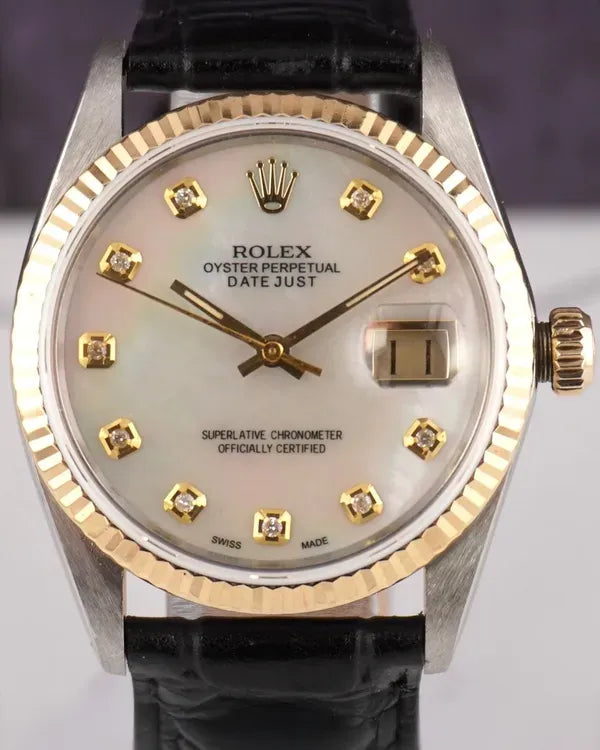Rolex Datejust 36MM Aftermarket White Mother of Pearl Dial Aftermarket Leather Strap (16013)