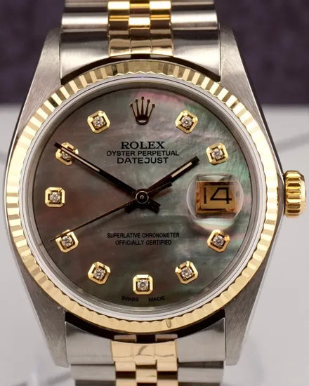 Rolex Datejust 36MM Aftermarket Black Mother of Pearl Dial Aftermarket Two-Tone Bracelet (16013)