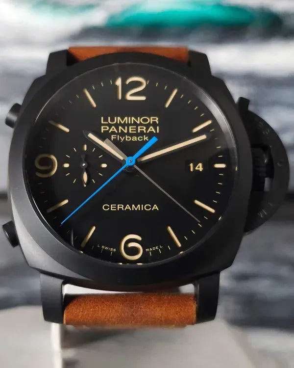 2021 Panerai Luminor 1950 3 Days Chrono Flyback 44MM Black Dial Leather Strap (PAM00580)