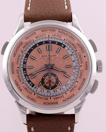 2023 Patek Philippe World Time Flyback Chronograph 41MM Salmon Dial Leather Strap (5935A-001)