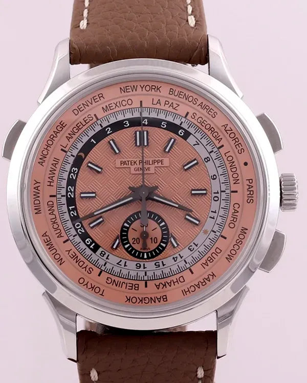 2023 Patek Philippe World Time Flyback Chronograph 41MM Salmon Dial Leather Strap (5935A-001)