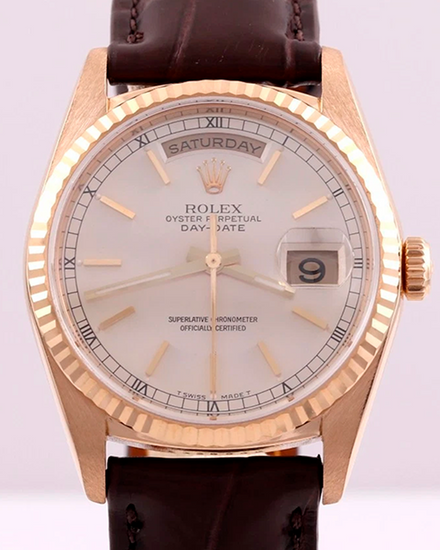 1990 (E Serial) Rolex Day-Date 36MM Silver Dial Aftermarket Leather Strap (18238)