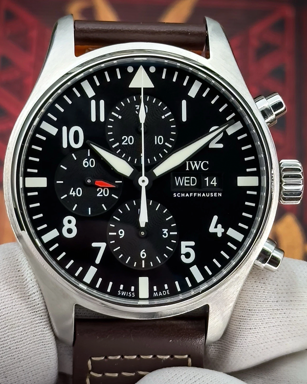 2019 IWC Schaffhausen Pilot Chronograph 43MM Black Dial Leather Strap (IW377709)